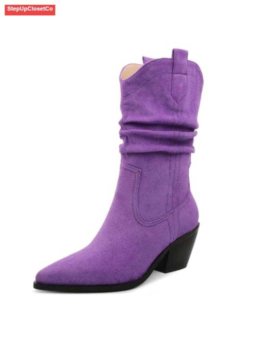Womens Mid Calf Western Cowboy Boots Faux Suede Slouchy Pointed Toe Booties